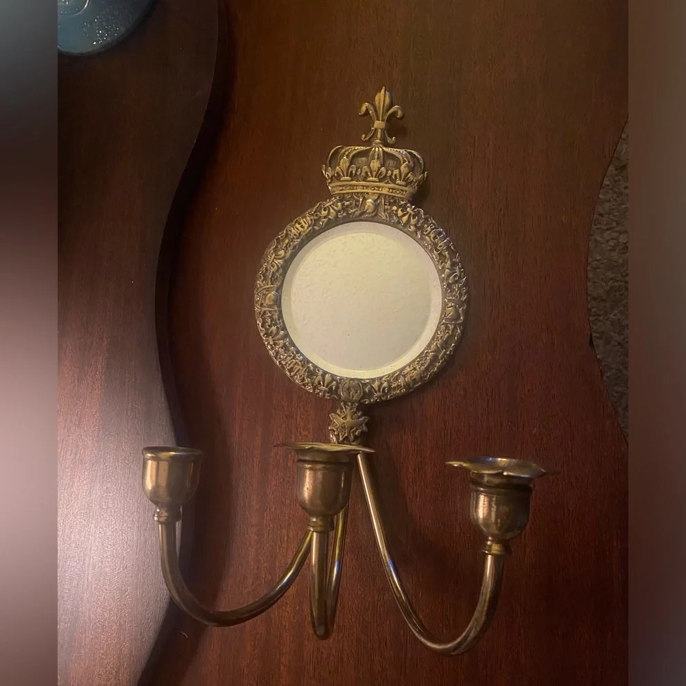 Vintage French Brass Triple-Arm Wall Sconce beveled Mirror